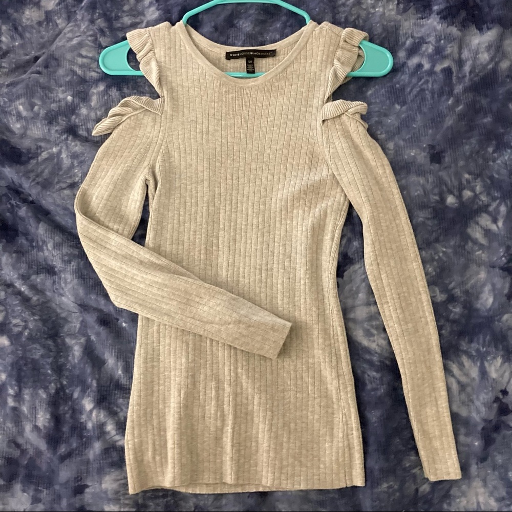 White House Black Market Light Gray Cold Shoulder Ruffle Sweater